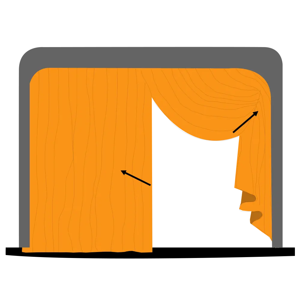Tableau curtain opening diagram - the drape gathers diagonally from the upper corners into a fan shape.